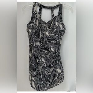 Lands End Swim Suit Black White Floral Paisley Slimming One Piece Women's Sz 12